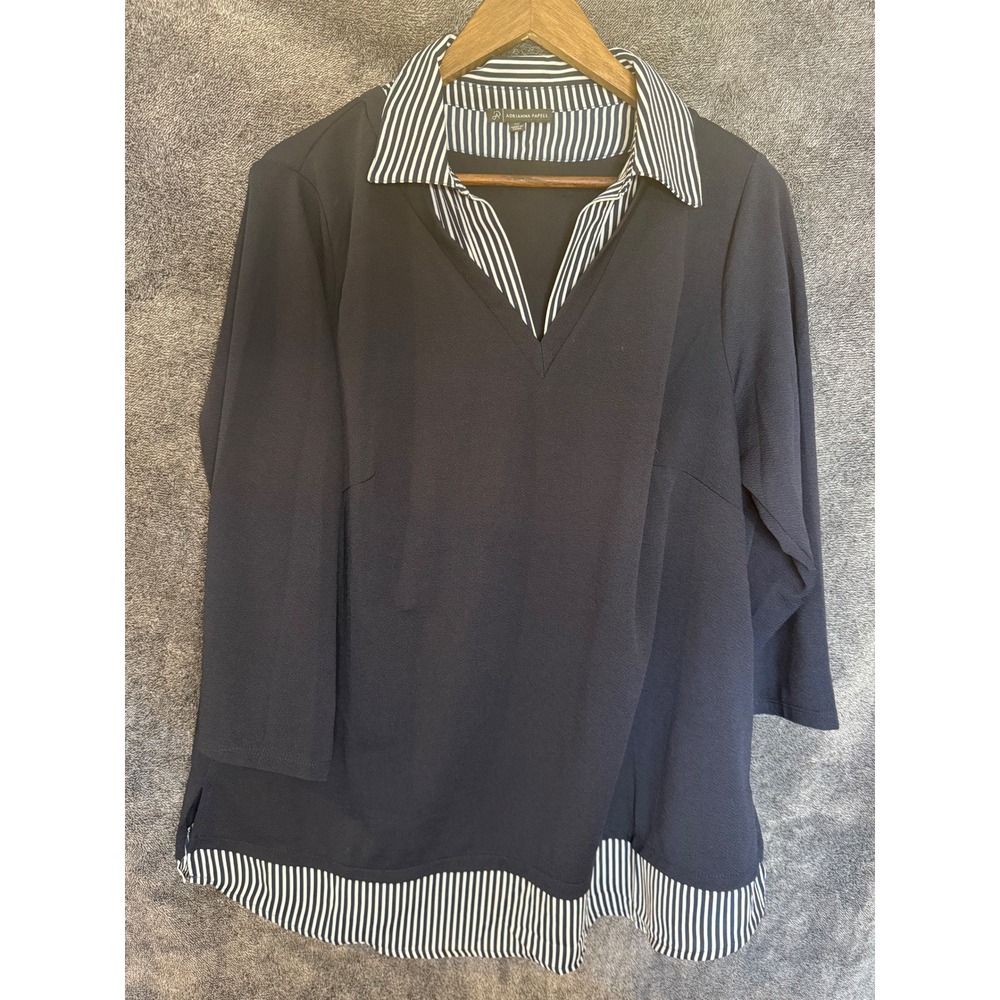 Adrianna Papell Navy Blue Striped Layered Look Tunic Top 2X 3/4 Sleeve V-Neck
